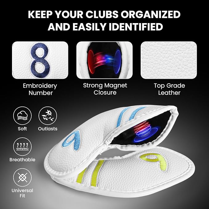 FINGER TEN Magnetic Golf Club Head Covers Value 9 Pack for Iron and Wedge, Premium PU Leather with Double-Sided Colorful Embroidery Label, Stylish Black Covers for Strong Protection