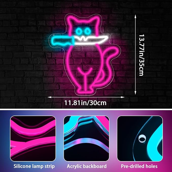 Cautiously Cat Neon Sign for Wall Decor Cat Knife Neon Light Man Cave | Dimmable Neon,Birthday Cartoon Gifts,5V USB Powered,Teen Boys Bedroom Decor,Pet Shop,Club,Bar,Shop Wall Art,11.8*13.7in