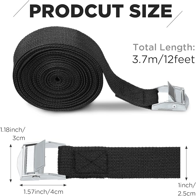 Riakrum 15 Pack 12 Feet Lashing Straps Adjustable Kayaks Tie Down Cam Buckle Straps with Buckles up to 250lbs for Cargo, Luggage, Motorcycles, Truck, Car Roof Rack, Sup Surfboard(Black)