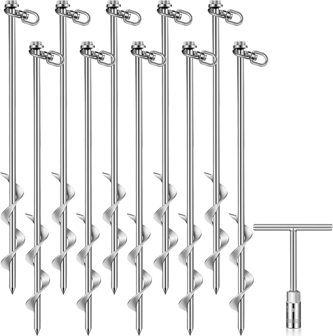 Hiboom 10 Pcs Ground Anchors with T Handle Hex Wrench Trampoline Hook, Ground Anchor Screw in Kit, Inflatable Outdoor Decorations Accessories for Camping Tents Car Ports Canopies (Silver,24 Inch)