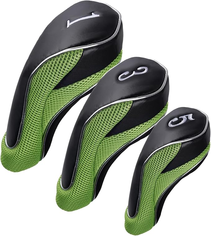 Andux Golf Wood Club Head Covers with Hook & Loop Set of 3 | for 460cc Driver Fairway Short Neck Faux Leather and Nylon-mesh Embroidery thread Number