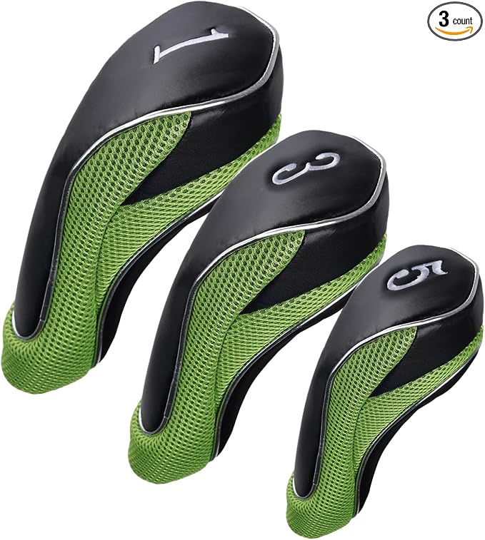 Andux Golf Wood Club Head Covers with Hook & Loop Set of 3 | for 460cc Driver Fairway Short Neck Faux Leather and Nylon-mesh Embroidery thread Number