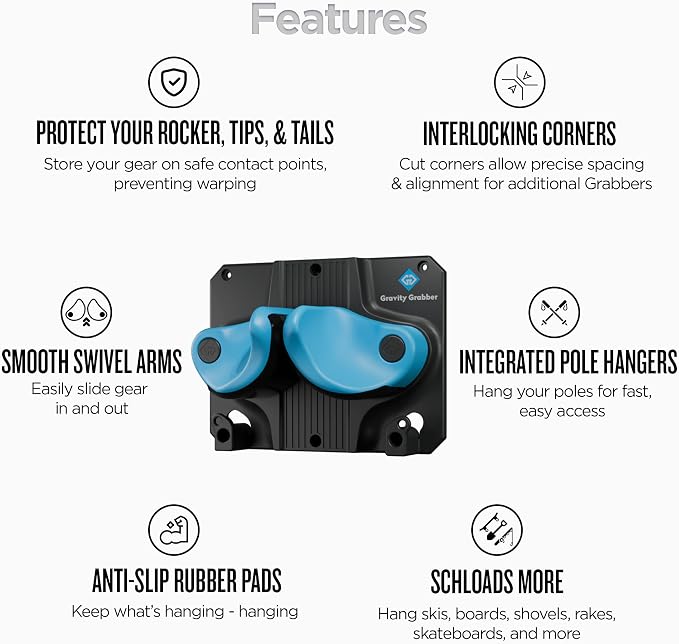Gravity Grabber, The OG - Ski & Snowboard Wall Mount, Indoor Garage & Home Storage Organizer, Damage-Free Grip, Holds Skis/Boards/Poles/More, Space-Saving Premium Gear Rack, (Cyan 1-Pack)
