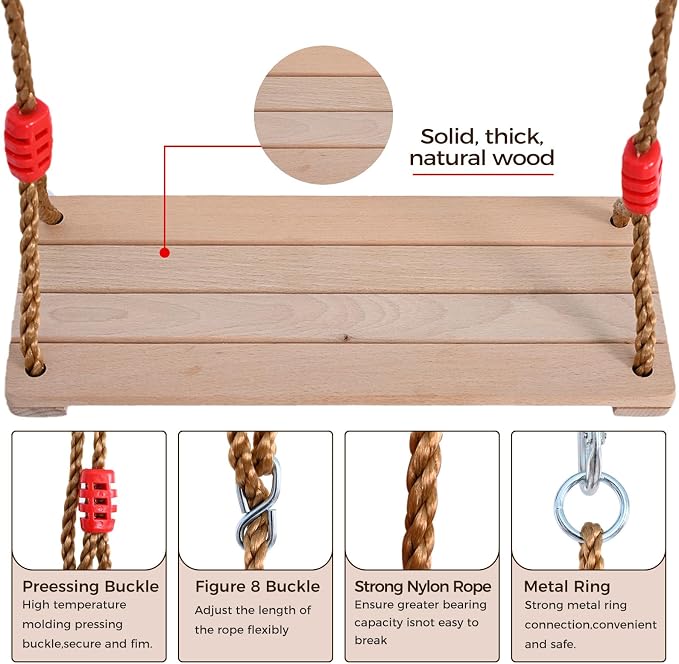Solid Beech Wood Swing Seat - 16.4"x7.5"x0.6" Adjustable Rope Tree Swing Set, Heavy Duty Hanging Chair for Backyard, Garden, Playroom Indoor/Outdoor Use