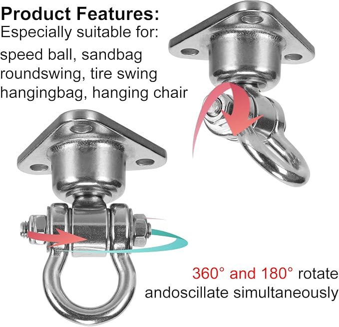 Silent Bearing Swivel Swing Hanger Stainless Steel Heavy Duty 180°+360° Swivel Swing Hook 1500 lb Capacity Playground Yoga Hammock Chair Rope sandbag Porch Swing Bag Sleeve