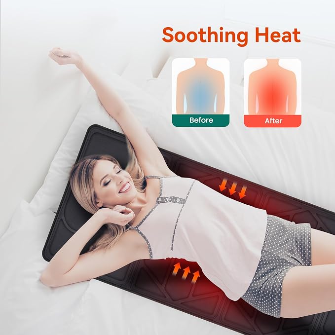 Snailax Massage Mat with Heat, Back Massage Pad for Bed, Chair, 10 Motors Vibrating Massage Mattress Pad with 2 Heating Pads for Back, Full Body Massager