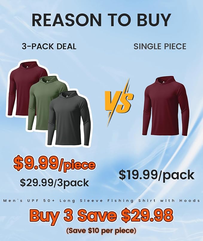 ZITY 3 Pack Men's UPF 50+ Sun Protection Hoodie Shirt Long Sleeve Shirt Fishing Shirts for Men Lightweight Rash Guard