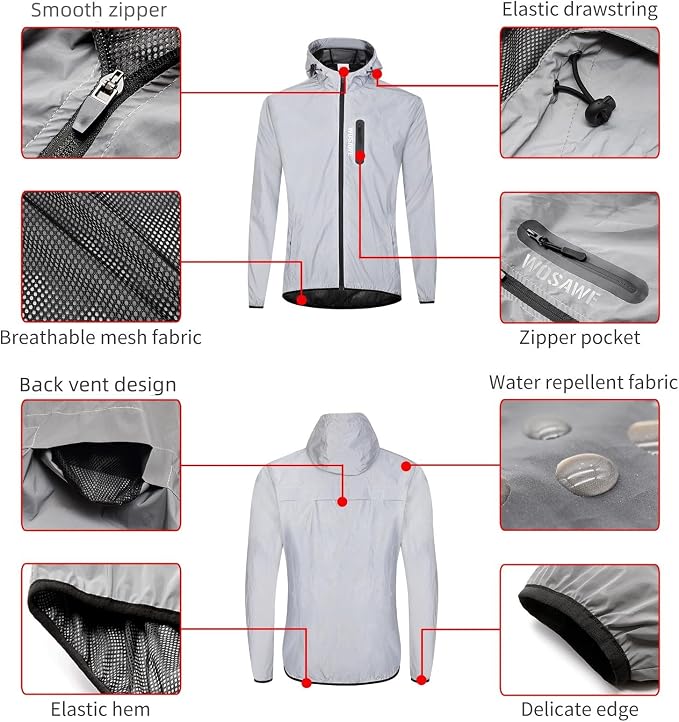 WOSAWE Men Reflective Jacket Night Glowing Bomber Jacket MTB Cycling Windbreaker Travel Sport Coat
