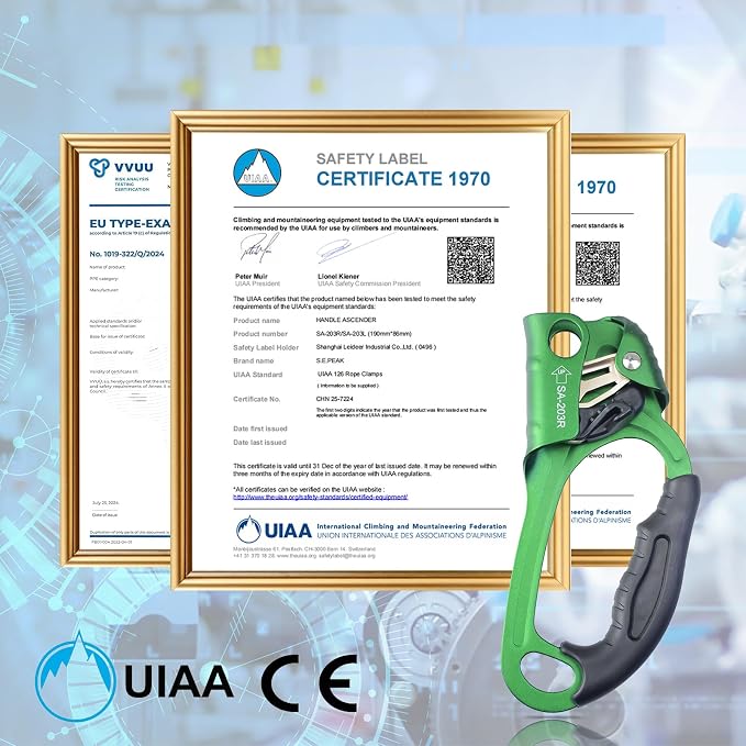 UIAA & CE Certified Climbing Rappelling Equip Hand Ascender Left Right Hand for 8-13mm Rope 4kN