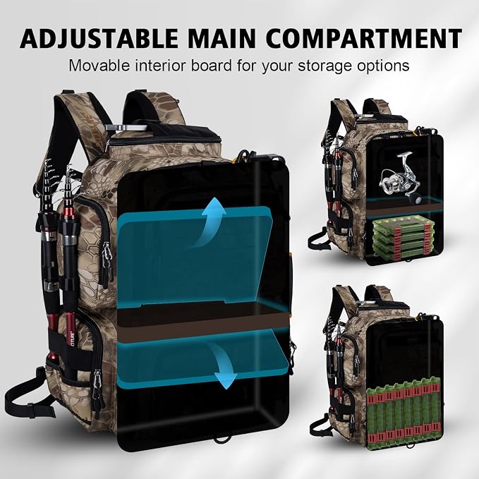 Goture Fishing Backpack,900D Water-Resistant Tackle Backpack with Rod Holders, SBS Zippers,45L Large Fishing Bag Storage Gear Tackle Bag with Rain Cover, Bottle Holder for Travel Camping Hiking