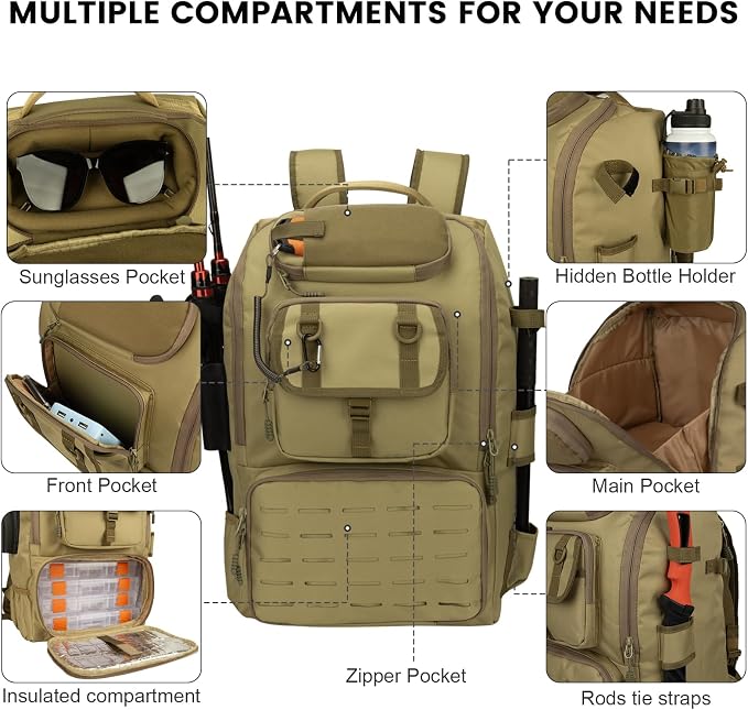 Hp hope Fishing Backpack with Rod Holders & Cooler, 40L Fishing Tackle Bag Fishing Tackle Storage Backpack Fishing Gear for Camping, Khaki