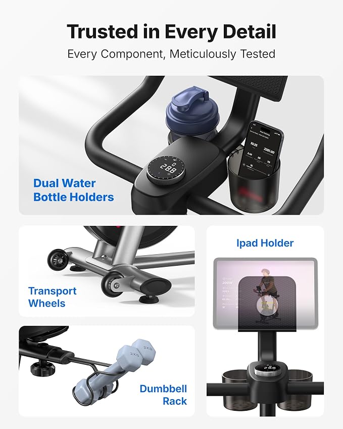 Merach Exercise Bike, Magnetic Friction Stationary Bike with Brake Pad and Exclusive App, Low Noise Indoor Cycling Bike with 300lbs Weight Capacity, Tablet Mount and Fitness Courses for Weight Loss