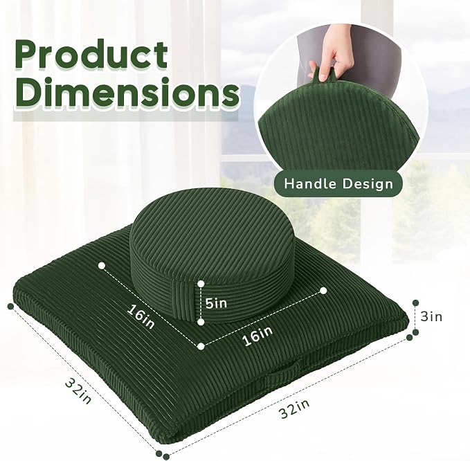 Meditation Cushion Set 32in, Large Round Zafu Floor Pillow for Adults, Soft Meditation Pillow Yoga, Zabuton Prayer Pad Set to Mindfulness, Yoga, Removable Corduroy Cover, Green