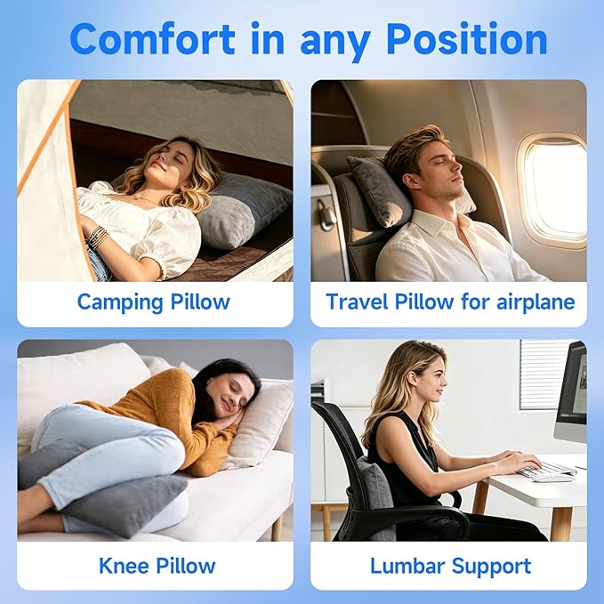 Camping Pillow,Compressible Small Shredded Memory Foam Pillow,Travel Pillow for Airplane,Backpacking and Hiking Grey Small 1 pcs