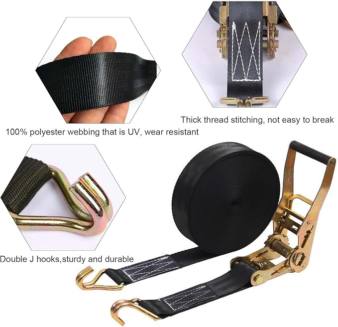 4PACK Ratchet Straps Heavy Duty, 8000 LBS Break Strength Ratchet Strap Tie Down, 2” x 20ft Black Tie-Down Ratcheting Cargo Truck Straps with Durable Double J Hook for for Truck