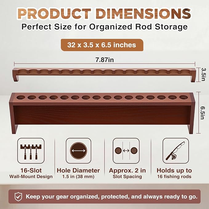 Sintuff 1 Pair 16-position Fishing Rod Rack, Wall Mount Pole Holder, Solid Red Oak Wood Rack, Walnut Finish, Space-saving Fishing Pole Storage, 16 Rod Max Capacity, for Garage, Home