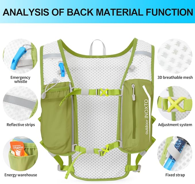 INOXTO Running Hydration Vest Backpack,Lightweight Insulated Pack with 1.5L Water Bladder Bag Daypack for Hiking Trail Running Cycling Race Marathon for Women Men (Fruit Green)