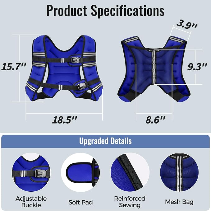 Zeerun Weighted Vest, 6lb/8lb/10lb/12lb/15lb/18lb/20lb/24lb/30lb for Men Women, Reflective Stripe Adjustable Buckle, Comfortable Durable Rucking Vest for Walking Running Strength Training