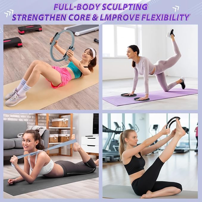 Halloscume 24 Pcs Pilates Kit, Home Pilate Equipment for Women, Pilates Ring and Ball Set with Stretching Strap, Water Bottle, Magic Circle, Yoga Ring, Gym Bag, Resistance Band, Anti Slip Sock