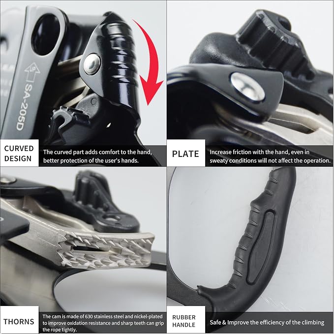 UIAA & CE Certified Climbing Rappelling Equip Hand Ascender Left Right Hand for 8-13mm Rope 4kN