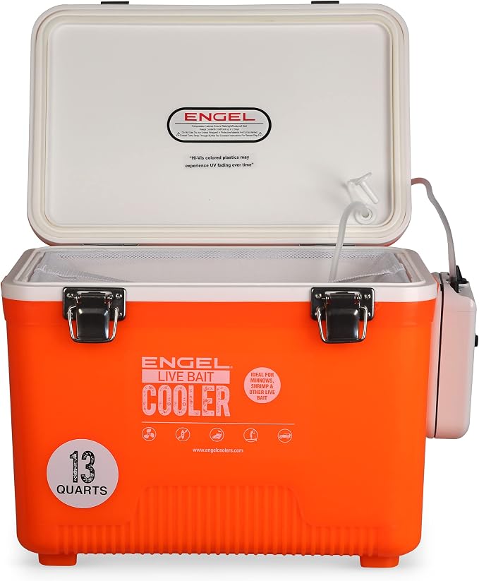 Engel Live Bait Cooler Box with 2nd Gen 2-Speed Aerator Pump - Portable Fishing Station & Minnow Bucket for Shrimp & Other Live Fish with Aerator - ENGLBC-N