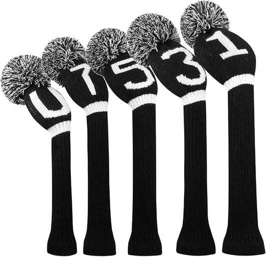 Scott Edward Knit Golf Club Cover with a Pom Set of 5 Head Covers Protect Driver Wood(460cc) 1 Fairway Wood2 and Hybrid/UT2 with Rotating Club Number Tags