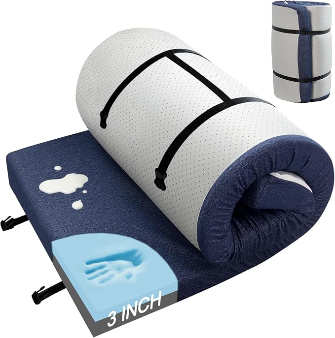 Memory Foam Camping Mattress Pad 3inch, Sleeping Pad, Roll Up Mattress for Adults, Camping Bed Pads for Sleepover, Non-Slip Bottom Cot Mattress Pad 72" x 24"x 3"