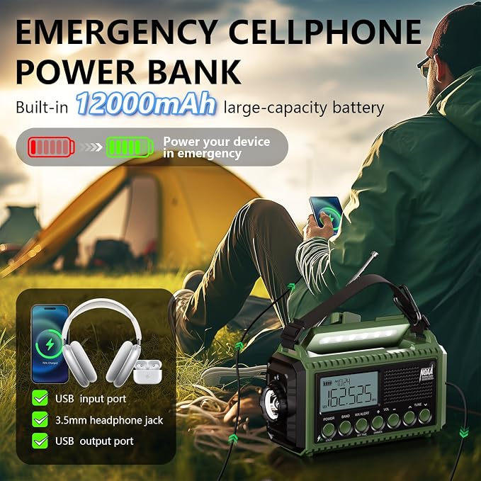 NOAA Emergency Radio with Auto Weather Alerts - 12000mAh Solar Hand Crank Weather Radio, 6 Power Sources, Bright LCD Digital Tuning, AM/FM/SW Receiver, SOS Alarm & Power Bank for Home Camping Survival