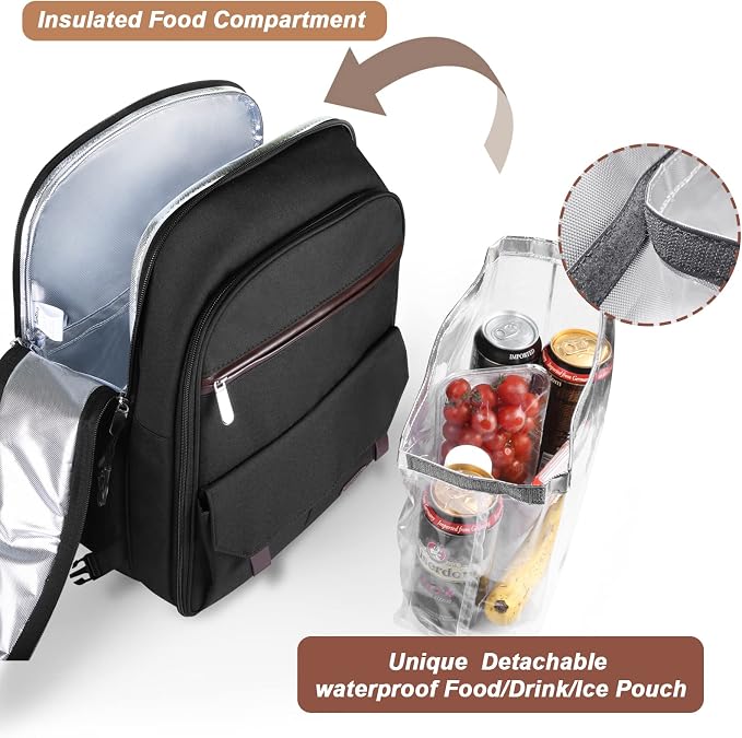 Sunflora Insulated Picnic Backpack for 2 Person Bag with Cooler Compartment, Wine Pouch, Blanket and Stainless Steel Cutlery Set for Couple, Lovers and Friends (Black)