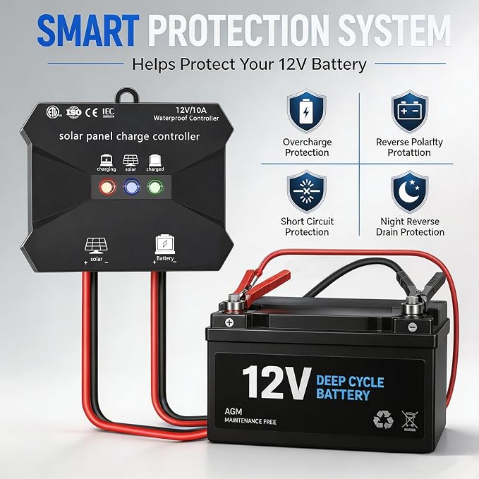 Voltset 50W Solar Panel Kit - 12V Solar Battery Charger Maintainer - IP67 Waterproof Solar Trickle Charger with 10A Smart Charge Controller and Mount Bracket for Boat RV Car Motorcycle Marine Trailer