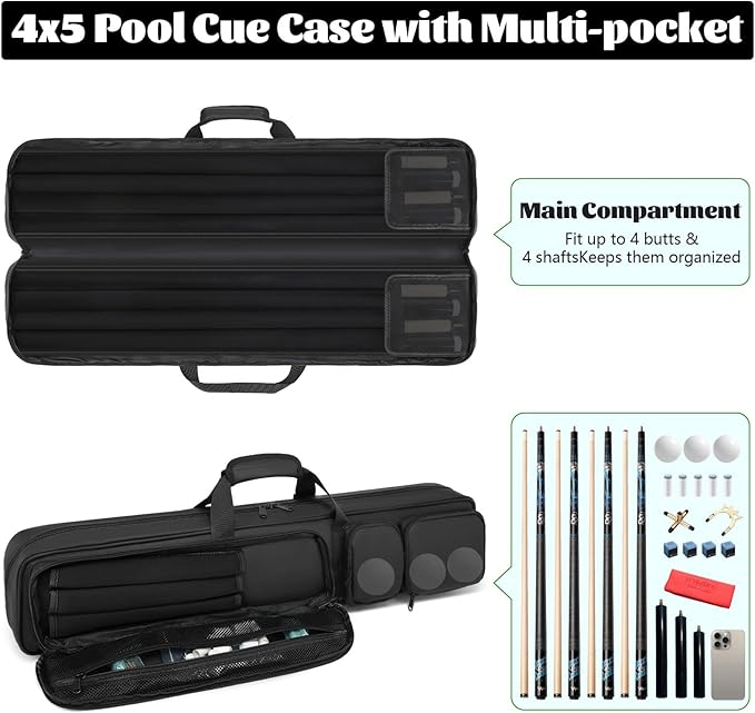 Pool Cue Case 4x4, Pool Stick Case Cue Bag with Hidden Backpack-Strap, Cue Stick Case Holds 4 Butts and 4 Shafts, Billiard Pool Cue Carrying Case with Large Front Accessory Pockets and 1 Cue Ball Case