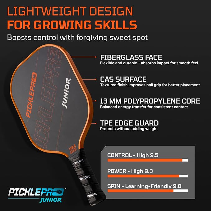 PicklePro Pickleball Paddles with Cover – Lightweight Fiberglass Pickleball Paddle for Kids, Youth & Beginners, Cushioned Grip, 13mm Honeycomb Core, Indoor & Outdoor Racket, USAP Approved