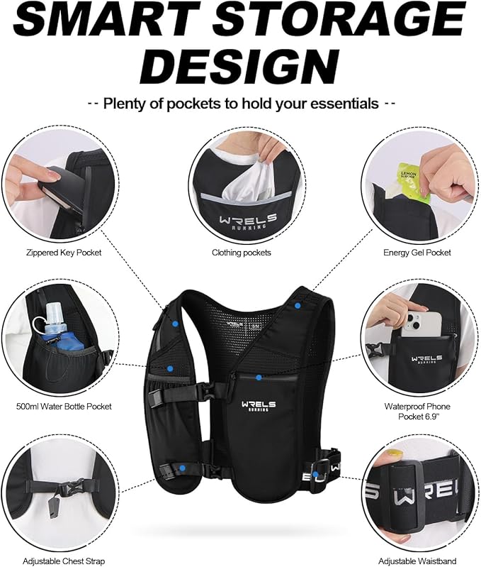 WRELS Running Vest for Women Men,Lightweight Reflective Hydration Vest with TPU 500ml Soft Flask,Adjustable Chest Straps Phone Pocket for Running Marathon