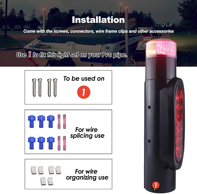 Boat Trailer Guide on Post Pipe Light Set DOT Approved 24LED Waterproof Submersible Turn Signal Running Lights Brake Lights Integrated with Trailer Guide Post Poles Lights Kit 2Pcs Black