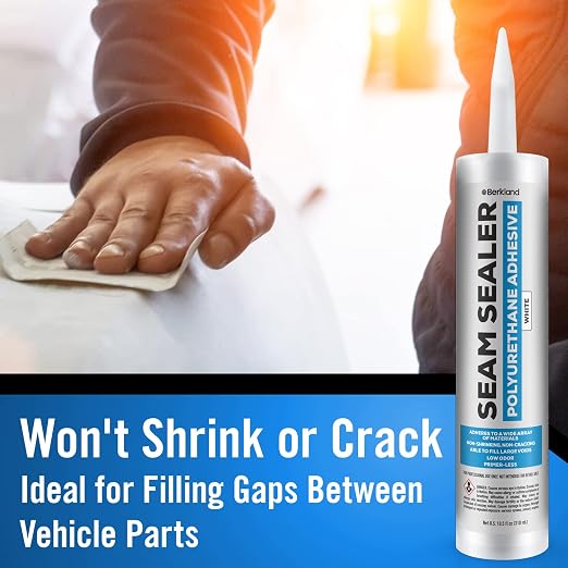 [2 Pack] Polyurethane Seam Sealer Automotive Compound — Paintable Auto Body Seam Sealer White, Won't Shrink or Crack, Flexible Joint Filler for Bare & Painted Metal, RV Roof Sealant with Gloves, 10oz
