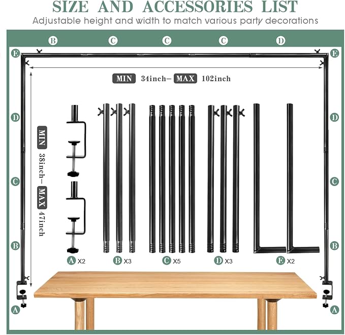 Over The Table Rod Stand with Clamps, Black Metal Table Arch Adjustable 38"-47" Tall 34"-102" Length, Table Balloon Arch for Wedding, Anniversary, Birthday, Party, Christmas Decoration