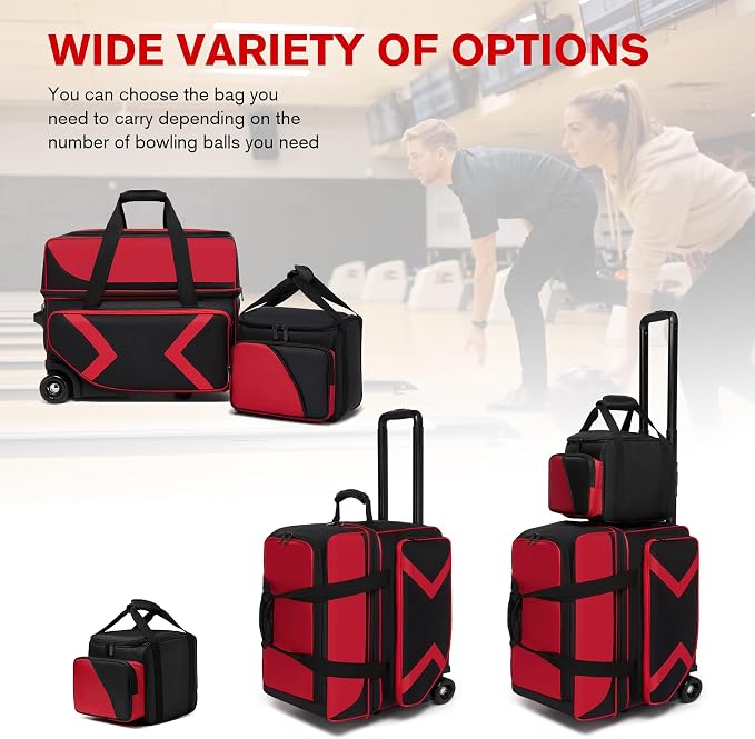 3 Ball Bowling Bags with Wheels and Shoes Compartment, Roller with Multipocket, 2 Ball Bowling Roller Bag + 1 Ball Color Matching Add On Tote (Red-Black)