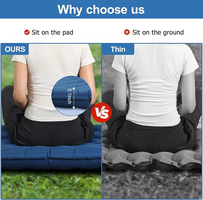 Toncoke 5.1" Thick Double Sleeping Pad with Foot Pump & Pillow, 77.5x53.9 2-Person Air Mattress for Camping, Ultralight & Compact for Backpacking, Hiking, Car Travel Navy Blue