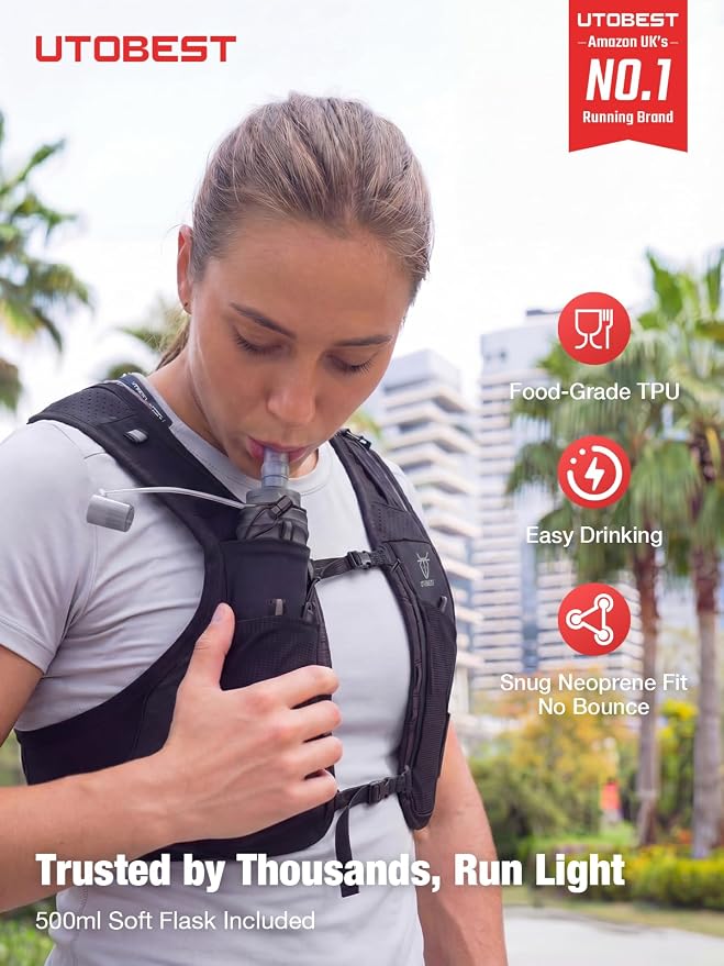 UTOBEST Running Vest for Women Men, Lightweight Running Hydration Vest Fits 500ml Soft Flask, Dual-Stage Adjustment with No Bounce, Waterproof Pocket Fits All Phones