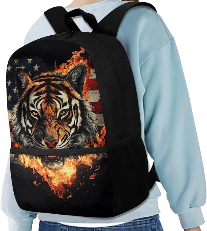 Fire Tiger Backpack for Kids Girls School Bag with with Lunch Box Water Bottle Set Pencil Case Casual American Flag Daypack for Hiking Travel Elementary Bagpack Back to School Supplies