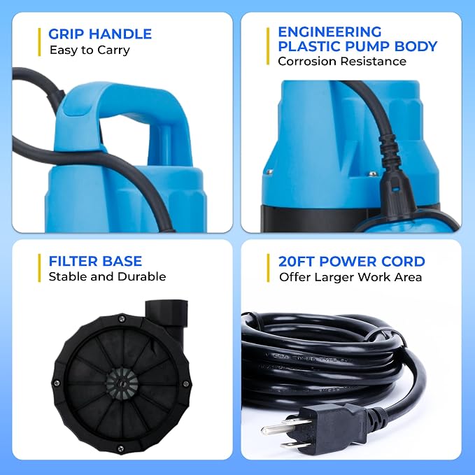 Automatic Water Pump, 2250GPH Sump Pump Submersible Basement Portable Electric Utility Water Pump Removal for Pool Draining Basement Hot Tubs Garden Pool Cover Pond, Blue