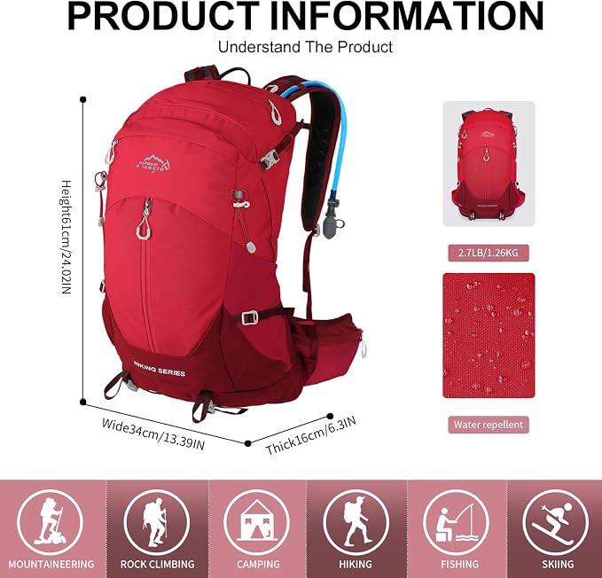 IX INOXTO Hiking Backpack, Camping Backpack, 30L Waterproof Hiking Daypack with 3L Water Bladder and Rain Cover (Red)