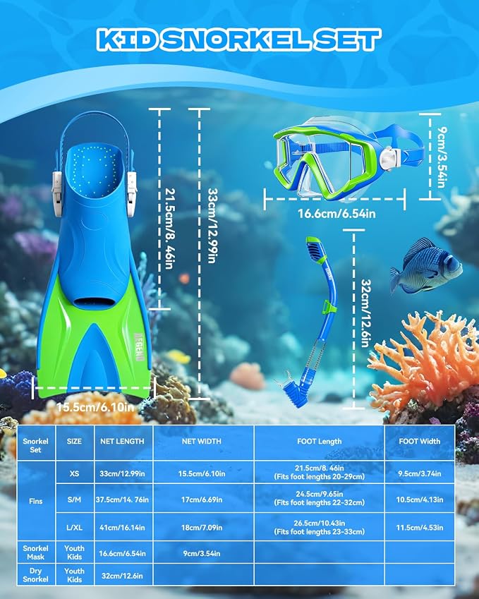 Aegend Snorkeling Gear for Kids Youth – 4-in-1 Snorkel Set with Anti-Fog Mask, Dry Snorkel & Adjustable Fins for Swimming, Diving, Snorkeling, Beach Vacation – Includes Travel Mesh Bag