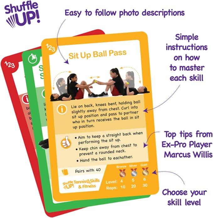 Shuffle Up Tennis Card Games - 70+ Fun & Active Skills Cards for Kids, Fitness Card Develop Fundamentals, Stamina & Strength, Easy to Play for Kids | Multiple Skill Level Cards Include 2 Dices