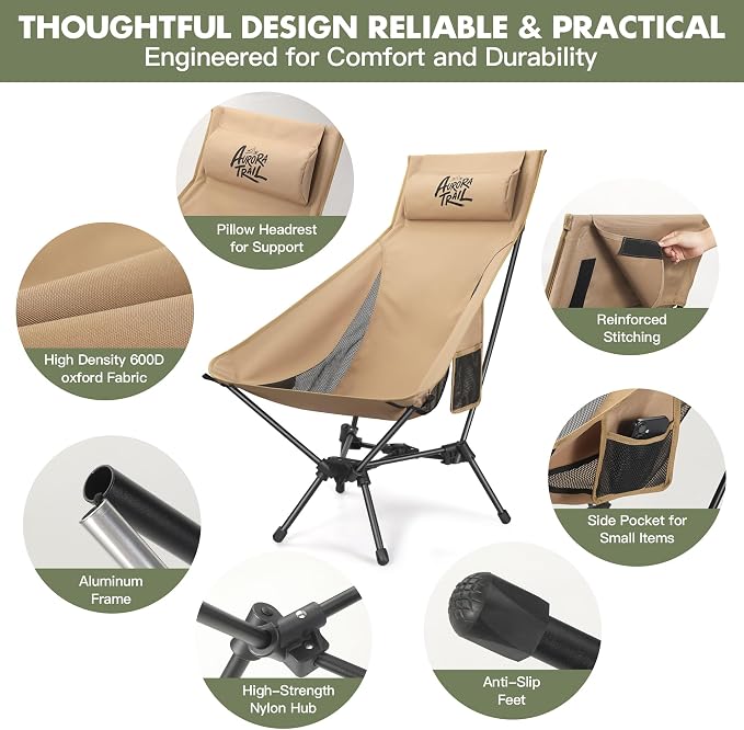 AuroraTrail High Back Folding Camping Chair with Pillow – Lightweight Portable Outdoor Chair with Cup Holder & Carry Bag, Sturdy Aluminum Frame Supports up to 374 lb for Camping, Hiking & Festivals