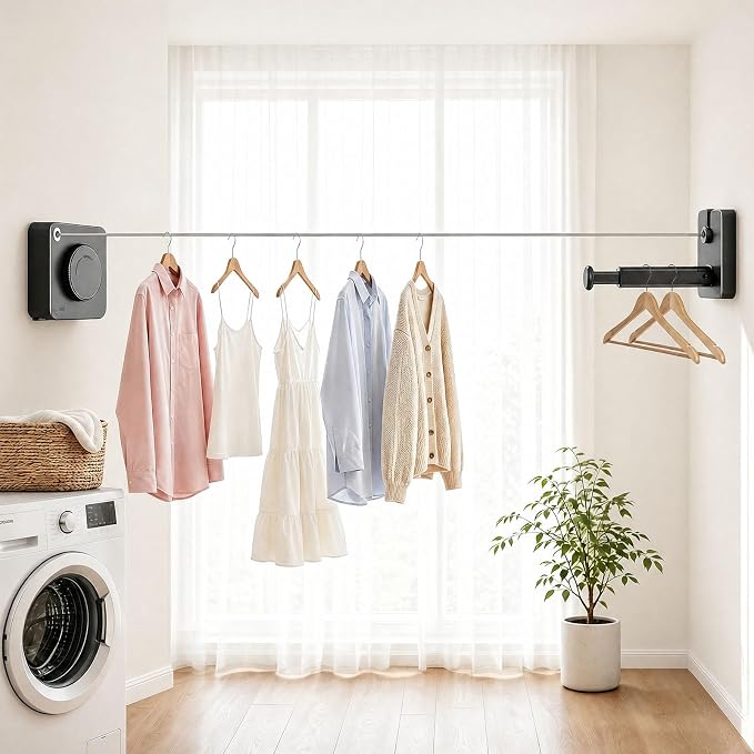 Anti-Sag Retractable Clothesline 40LB Capacity - 201in Stainless Steel Laundry Line for Indoor Outdoor, Wall Mounted Space Saving Easy Install (Gray, with Pole)