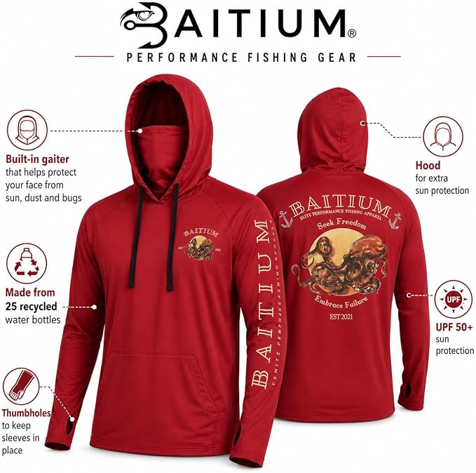 Fishing Shirts for Men,UPF50 Hooded Long Sleeve with Gaiter, Sun Protection Dry Fit Apparel, Face Mask, Fishing Clothes