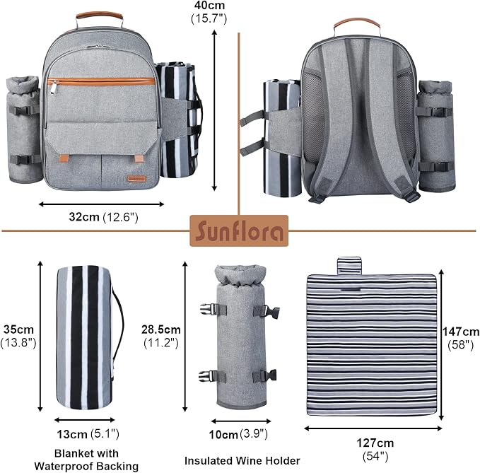 Sunflora Insulated Picnic Backpack for 2 Person Bag with Cooler Compartment, Wine Pouch, Blanket and Stainless Steel Cutlery Set for Couple, Lovers and Friends (Grey)