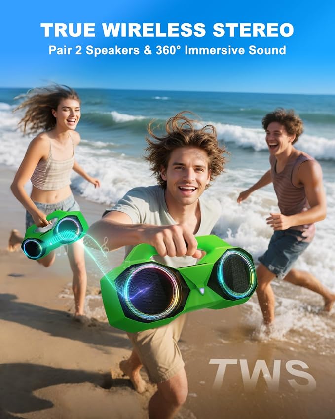 OZJ Bluetooth Speaker Outdoor Loud: 80W(Peak) with Bass, Portable Wireless Speaker with IPX7 Waterproof, 20H Playtime, RGB Lights, TWS for Outside, Beach, Work (Green)