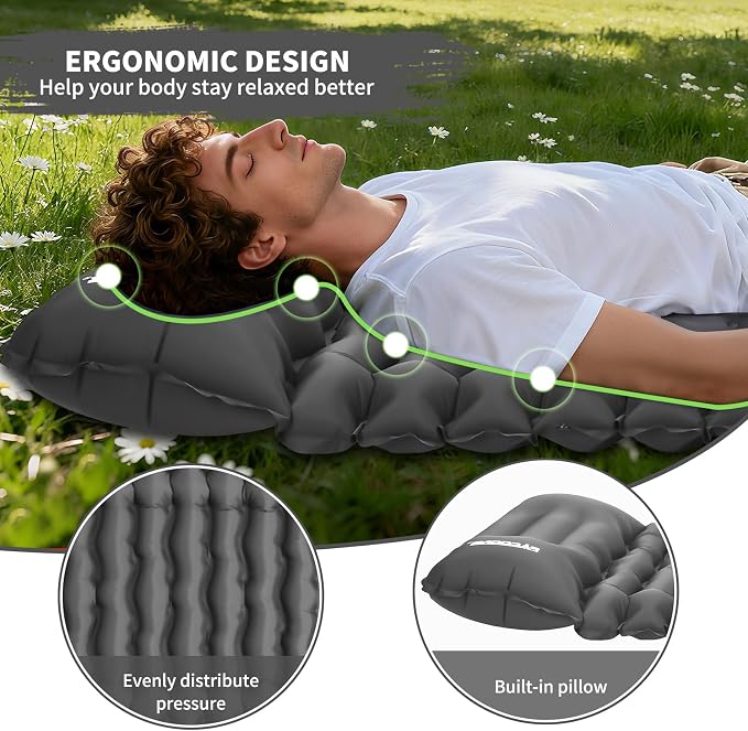 Camping Sleeping Pad, Connectable Design for Double Mat, Ultralight Inflatable Sleeping Mat with Pillow, Built-in Foot Pump, Portable Camping Air Mattress for Backpacking Hiking Tent (Grey)